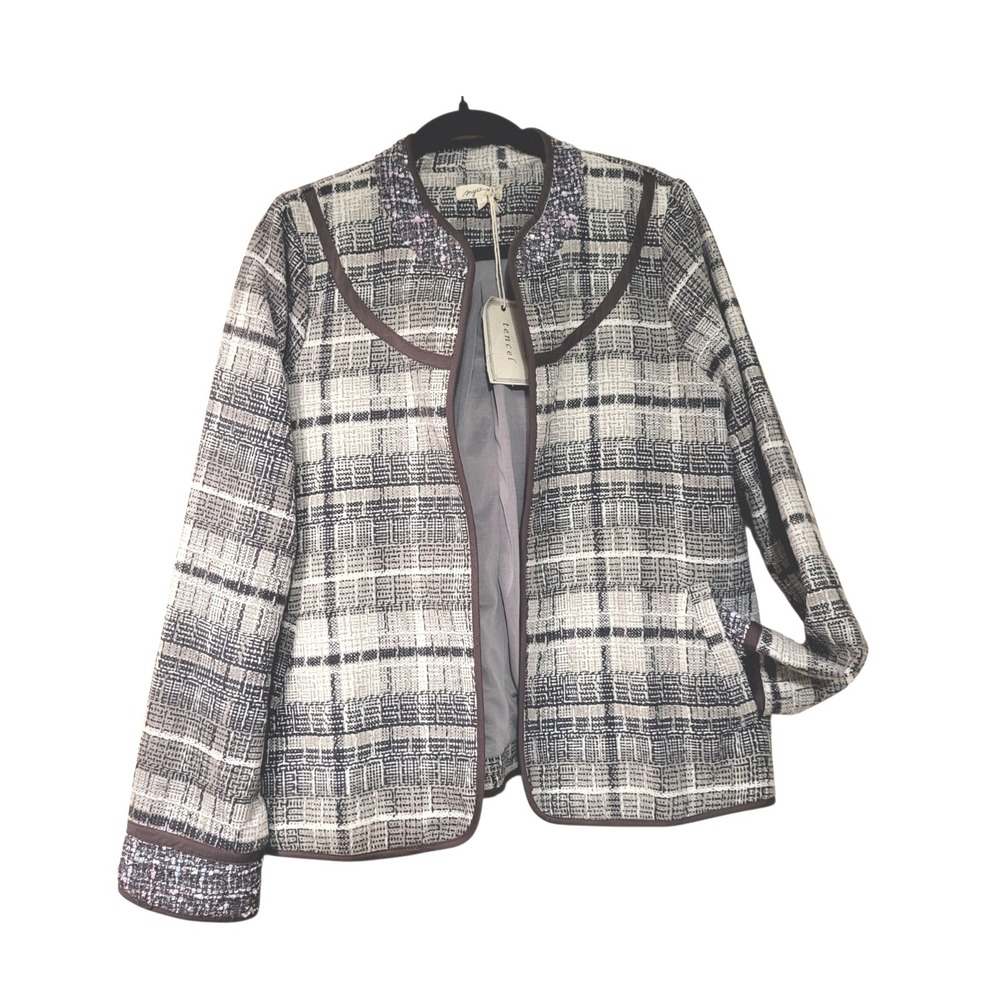 Mystree Womens L 12 NWT Artsy Plaid Tencel Linen Bl. Textured Open Jacket Fall - Picture 11 of 12